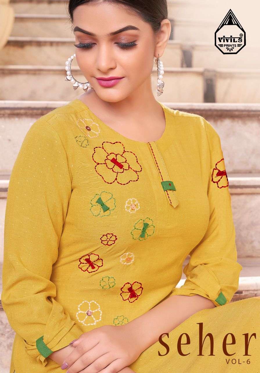 seher vol 6 by vivils rayon casual wear fancy kurti