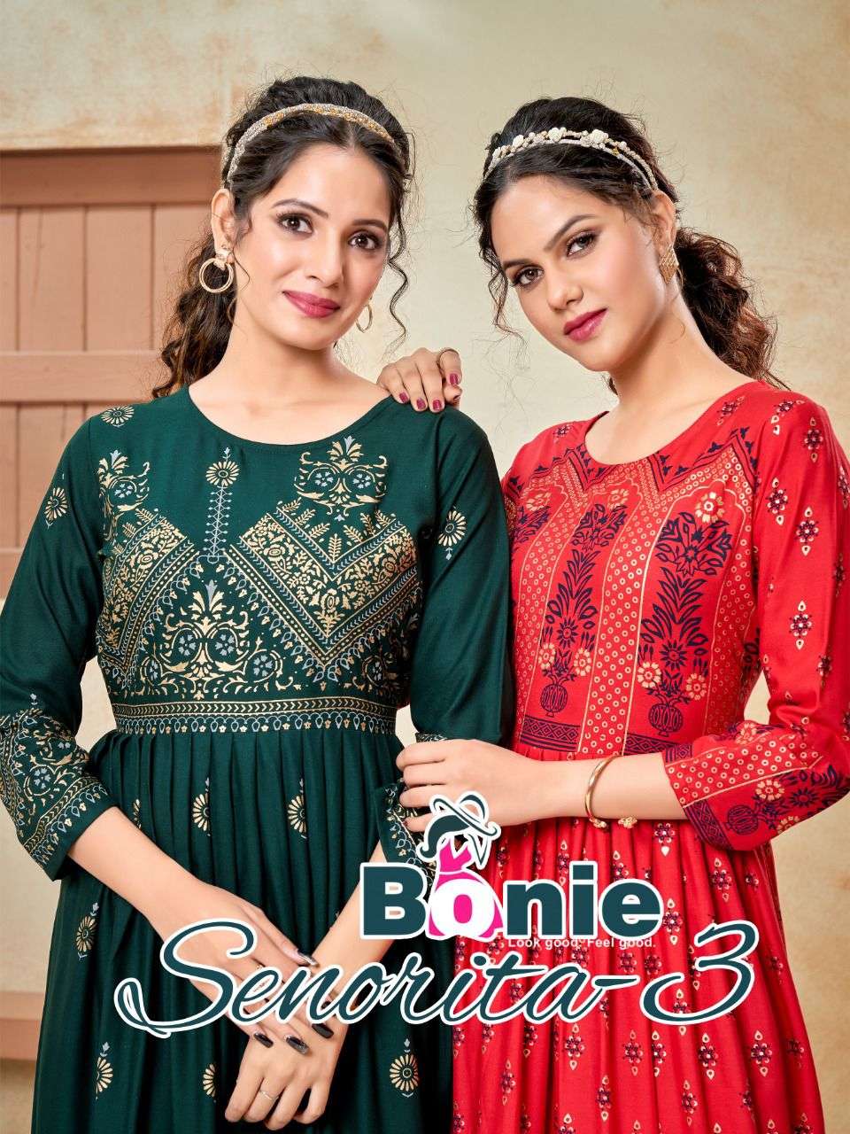 SENORITA 3 BY BONIE HEAVY RAYON GOLD PRINT LONG FLAIR KURTI CATALOG WHOLESALER BEST RATE