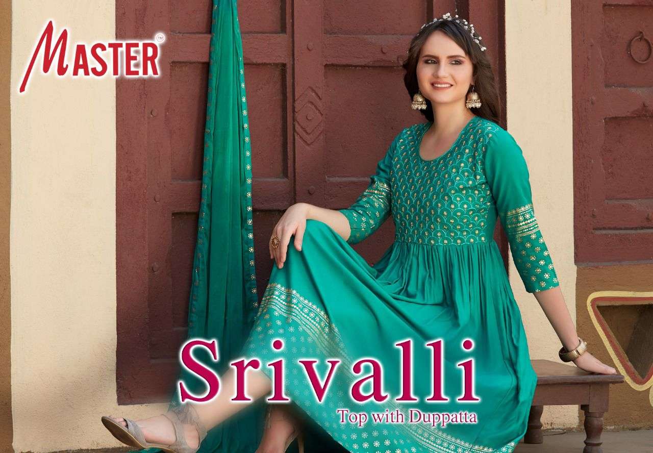 SRIVALLI BY MASTER HEAVY RAYON WORK FOIL PRINT AND DUPATTA KURTI CATALOG WHOLESALER BEST RATE