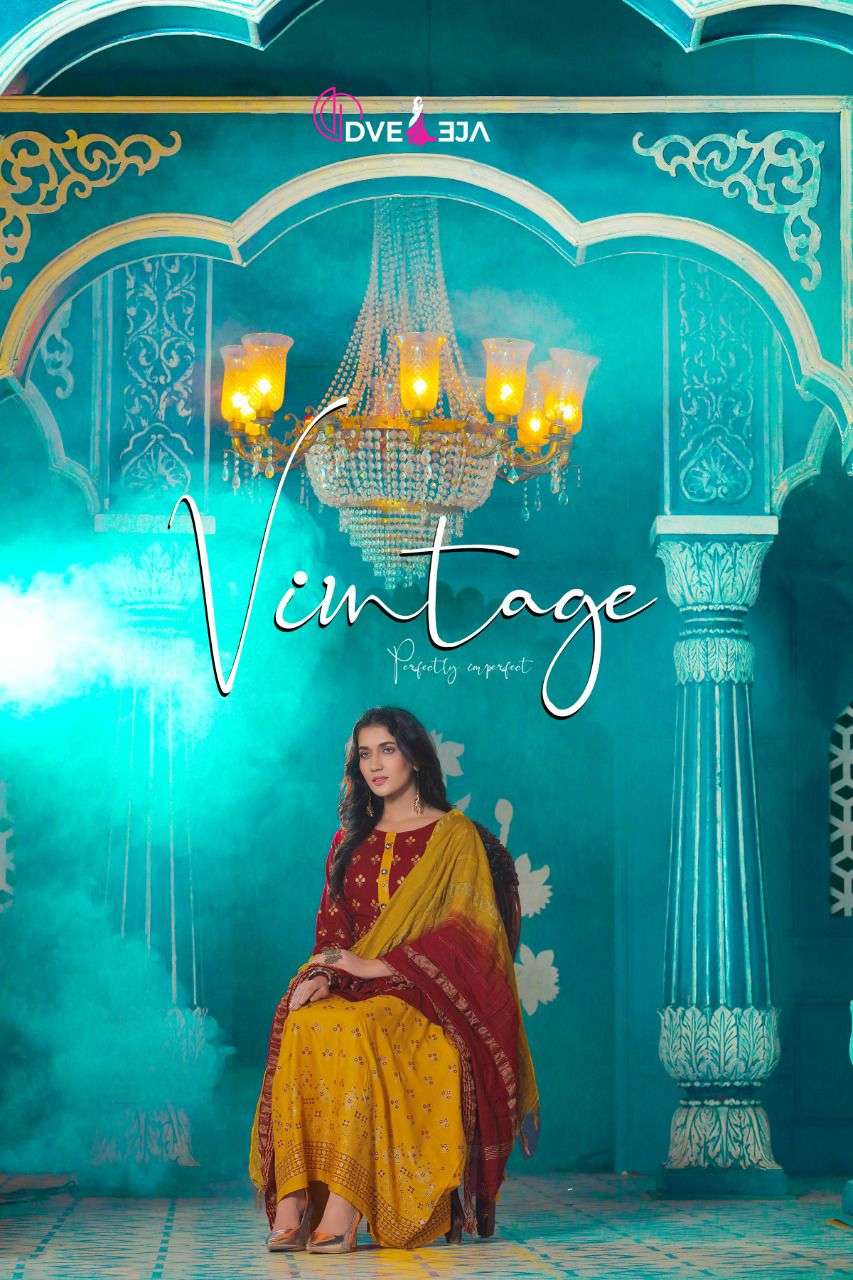VINTAGE BY DVEEJA HEAVY RAYON TOP SKIRT AND DUPATTA GOLD FOIL PRINT CATALOG WHOLESALER BEST RATE