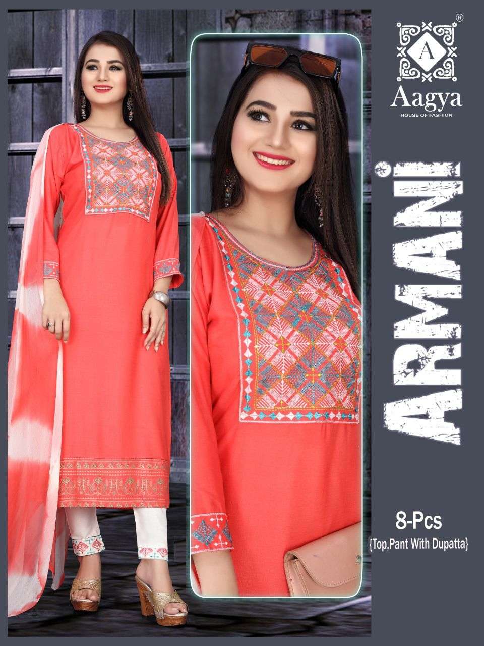 AAGYA Armani Pant Vol.1 HEAVY RAYON SLUB Block Work Patta and Heavy Embroiered Galla Work with Screen Block Work Patta and Embroidery patta in pant READYMADE SUIT CATALOG WHOLESALER BEST RATE