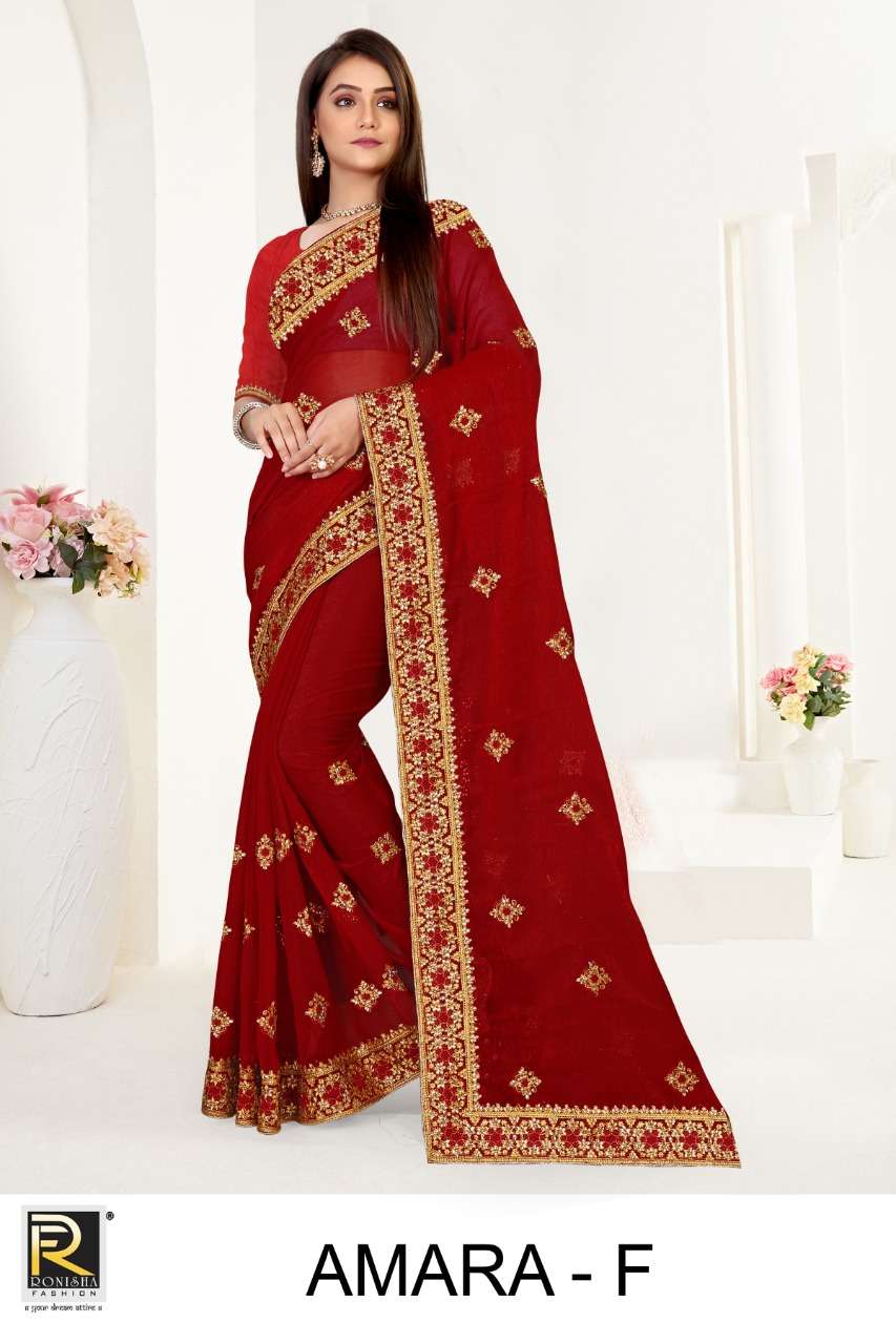 AMARA BY RANJNA SAREES FABRIC SIMAR EMBROIDERY WORK HEAVY DIAMOND SAREES COLLECTION