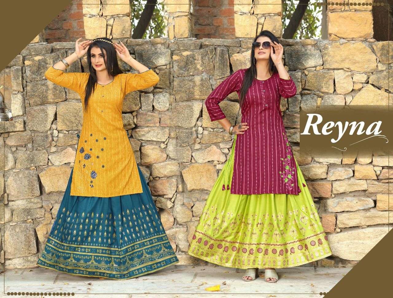 Beauty queen Reyna TOP Heavy Rayon Self Embosse 17Kg ,  SKIRT Rayon 17Kg Pattarn - Top Embroidered , Skirt Foil Print ,  CATALOG WHOLESALER BEST RATE