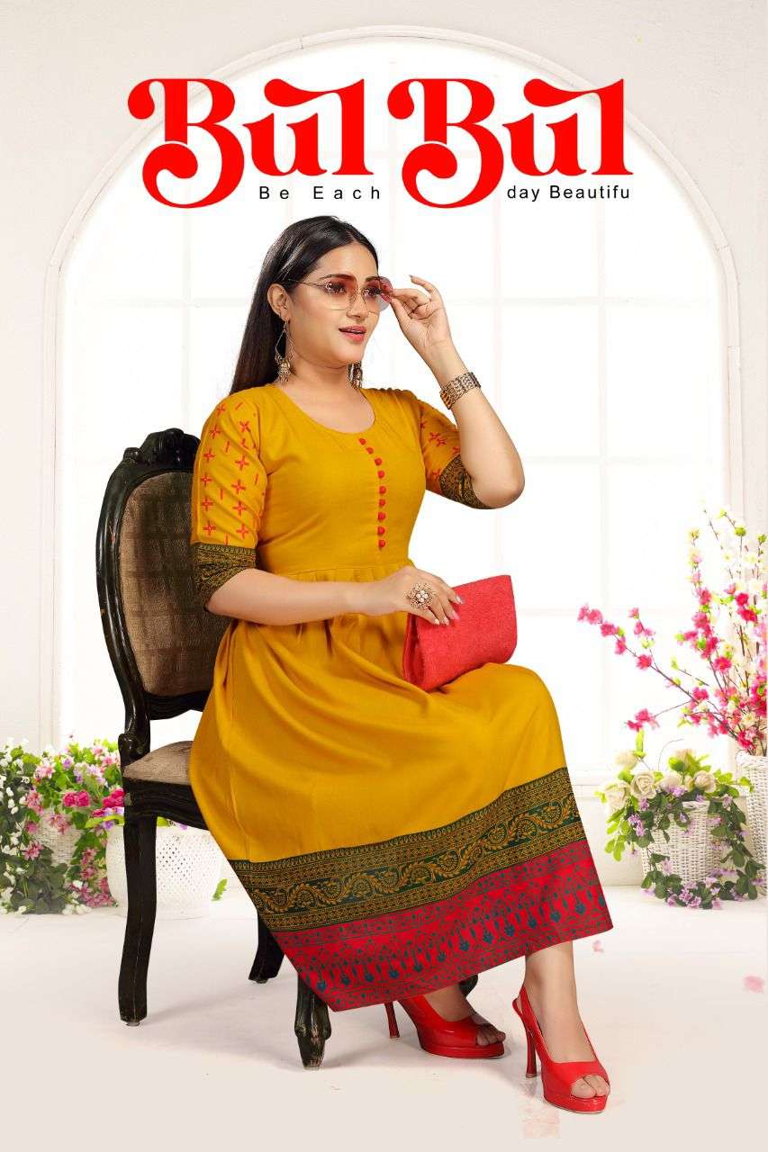 BUL BUL HEAVY RAYON PRINT KURTI CATALOG WHOLESALER BEST RATE