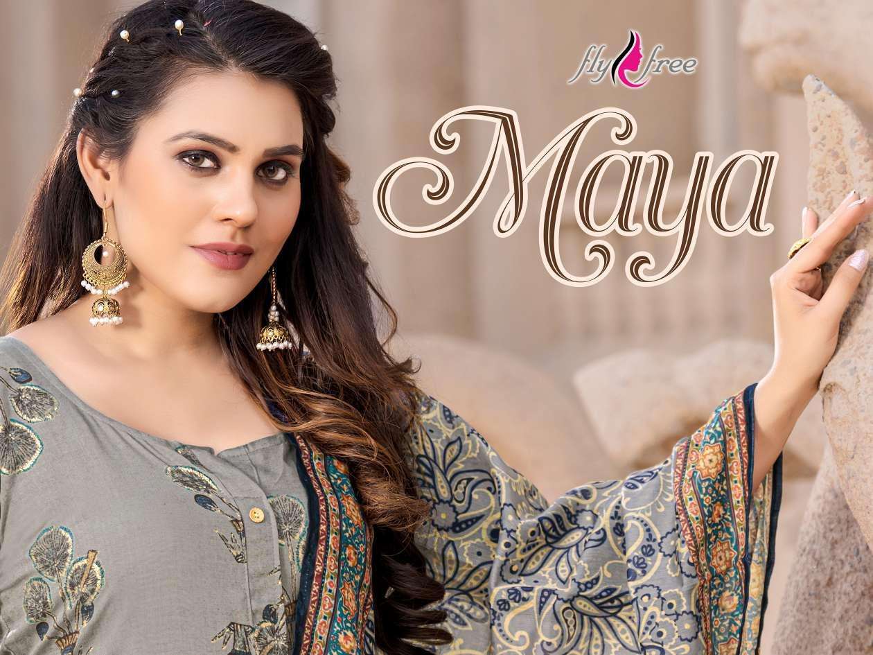 FLY FREE MAYA HEAVY SILKYNA (RAYON FEELING) PRINTED TOP PANT AND CHANDERI DUPATTA READYMADE SUIT CATALOG WHOLESALER BEST RATE