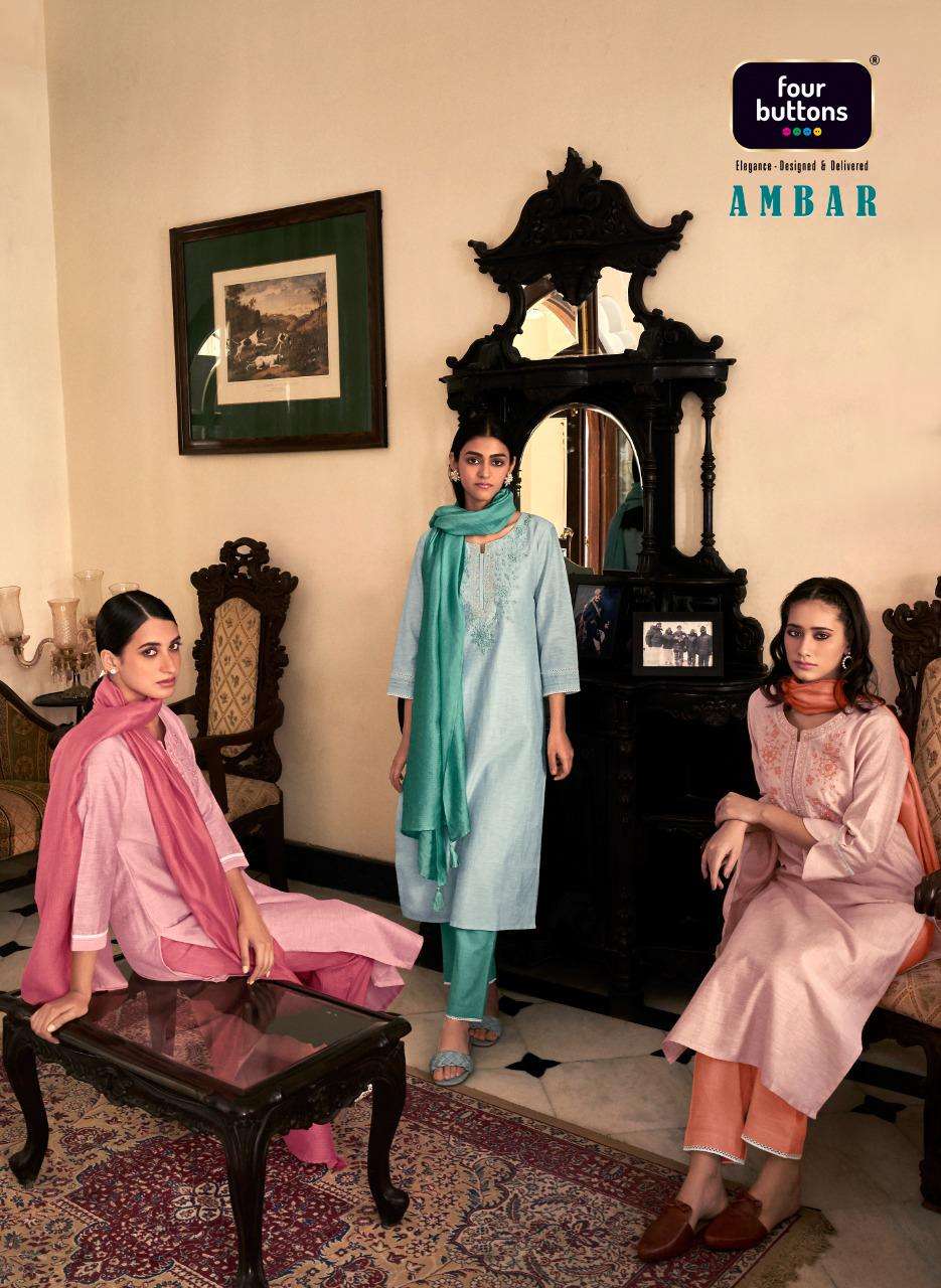 four buttons ambar 3 pcs readymade top bottom and dupatta 2022 collections