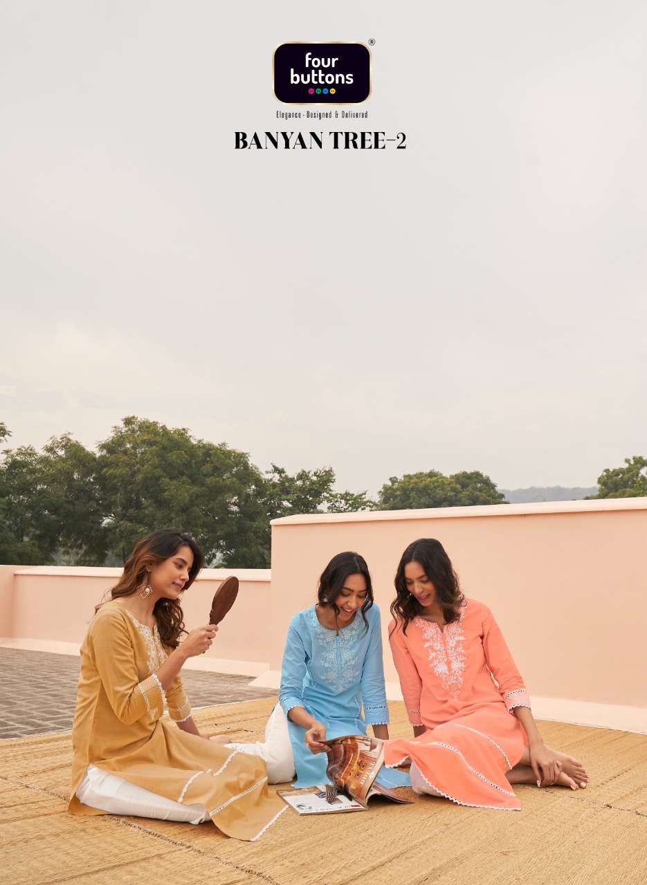 FOUR BUTTONS BANYAN TREE 2 PURE COTTON FANCY KURTI WITH BOTTOM
