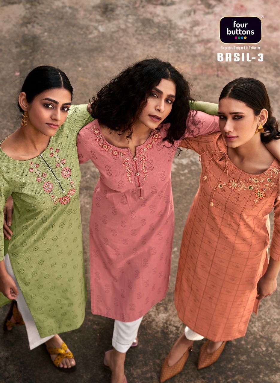 Four buttons basil 3 pure cotton fancy kurti 