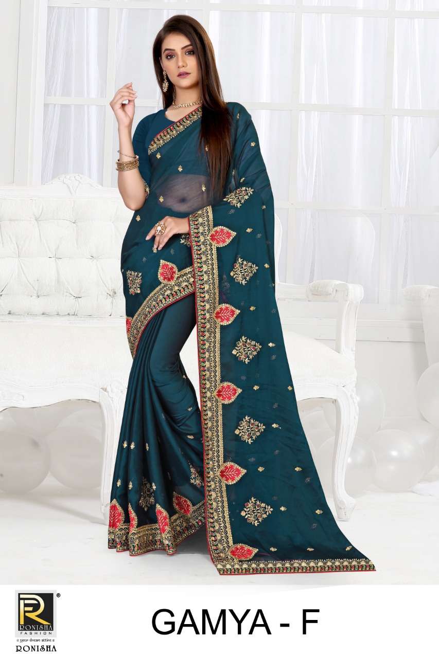 GAMYA BY RANJNA SAREES  FABRIC CHIFFONE EMBROIDERY WORK HEAVY DIAMOND SAREES COLLECTION