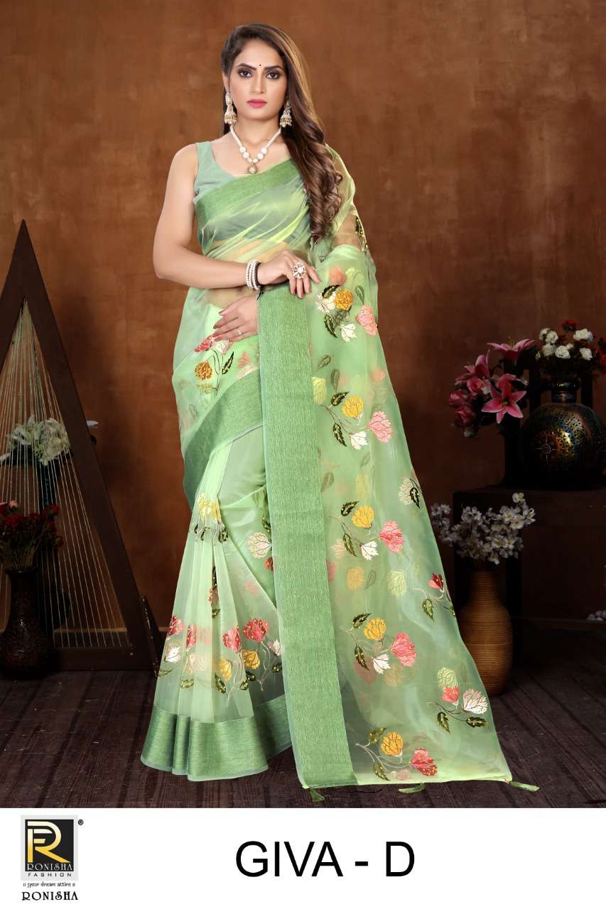GIVA BY RANJNA SAREES ORGANZA FENCY THARED WORK  PARTY WEAR SAREES COLLECTION