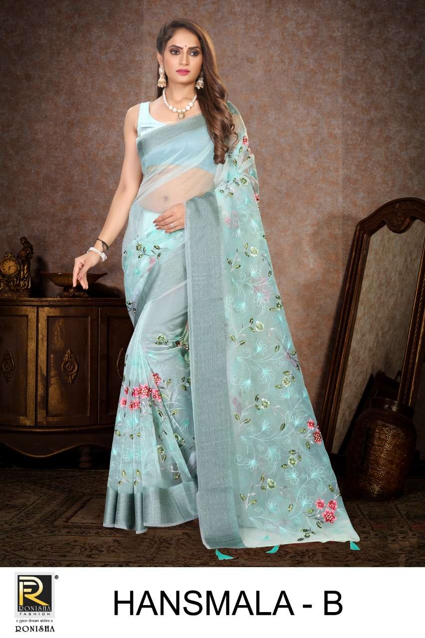 HANSMALA BY RANJNA SAREES  ORGANZA FENCY THARED WORK  PARTY WEAR SAREES COLLECTION