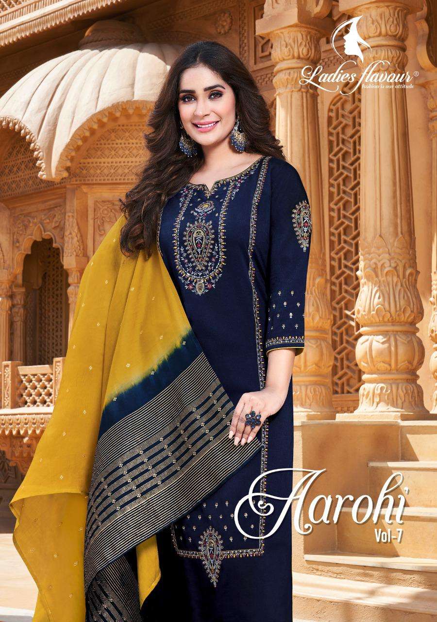 ladies flavour aarohi vol 7 readymade top with bottom and dupatta set 