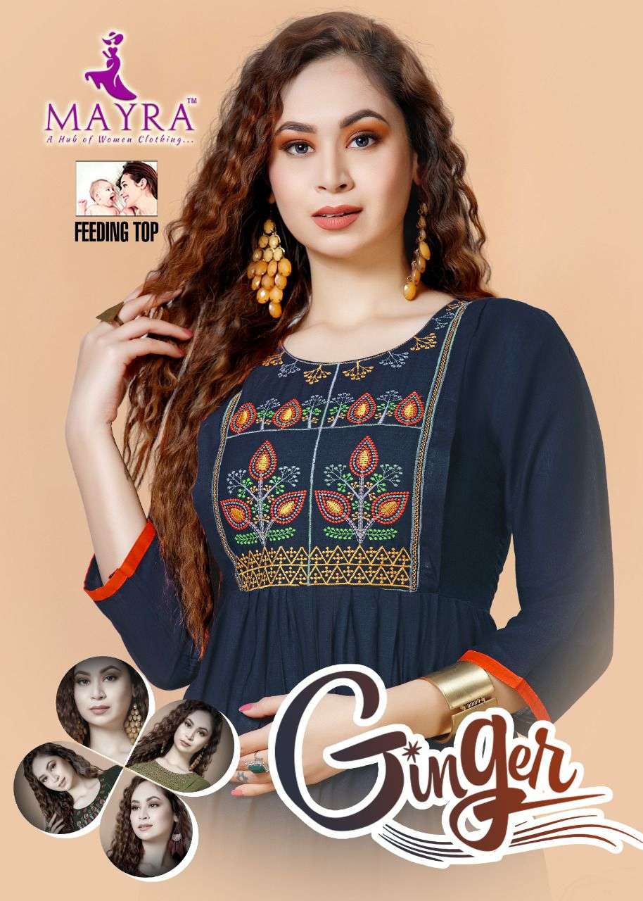 MAYRA GINGER HEAVY REYON 14 kg Rayon Slub Embroydrey Feeding top CONCEPT KURTI CATALOG WHOLESALER BEST RATE