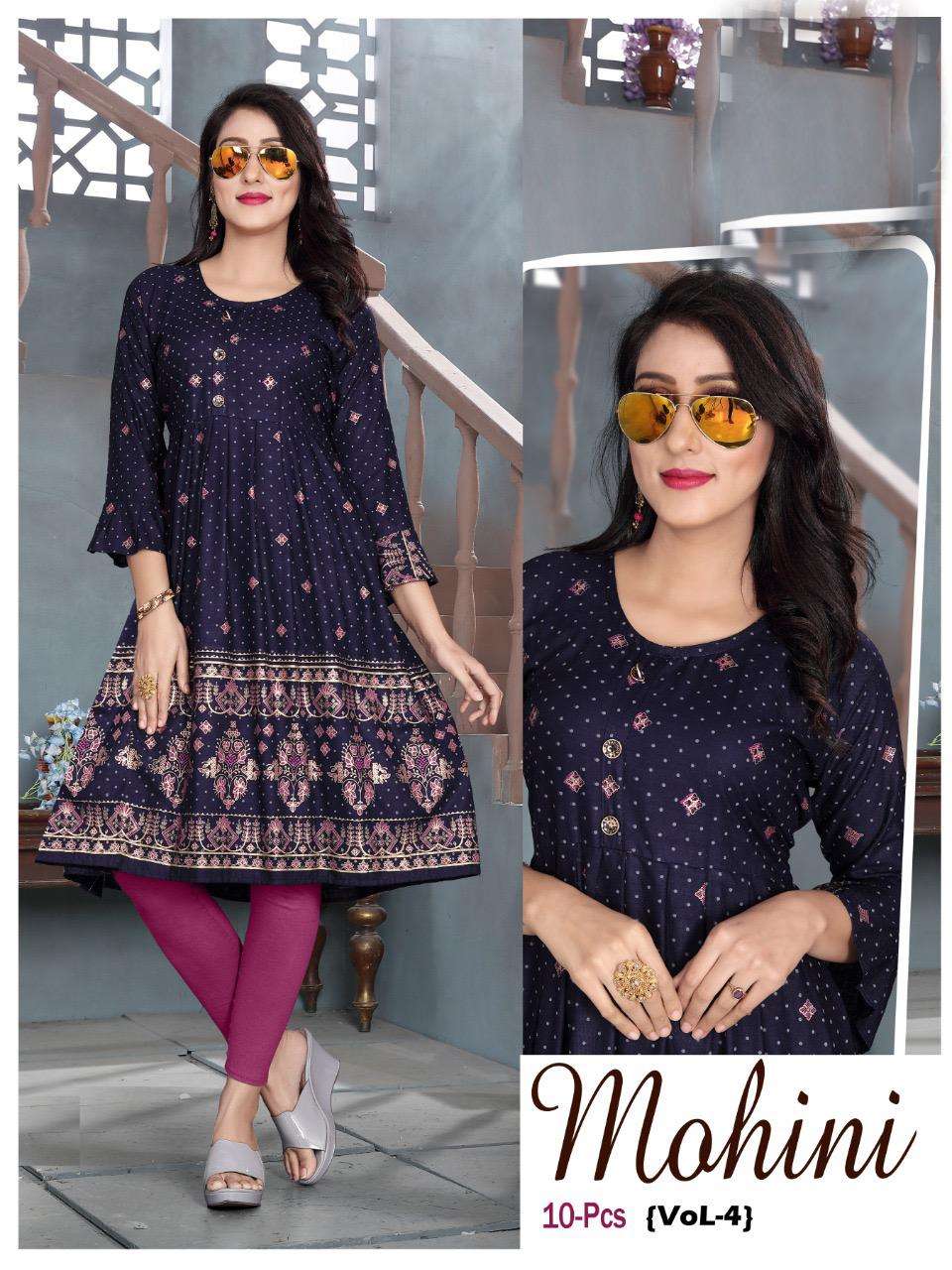MOHINI VOL.4 Rayon 14 Kg Goil Foil and Screen Block Work Tux Pattern Kurti CATALOG WHOLESALER BEST RATE