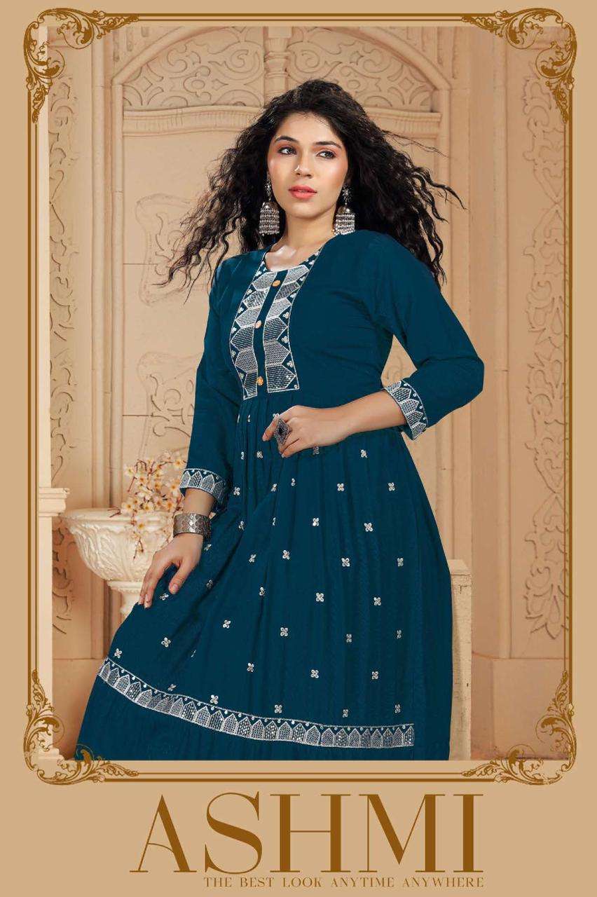 RIYAA ASHMI HEAVY RAYON FROCK STYLE HEAVY SEQUENCE WORK KURTI CATALOG WHOLESALER BEST RATE