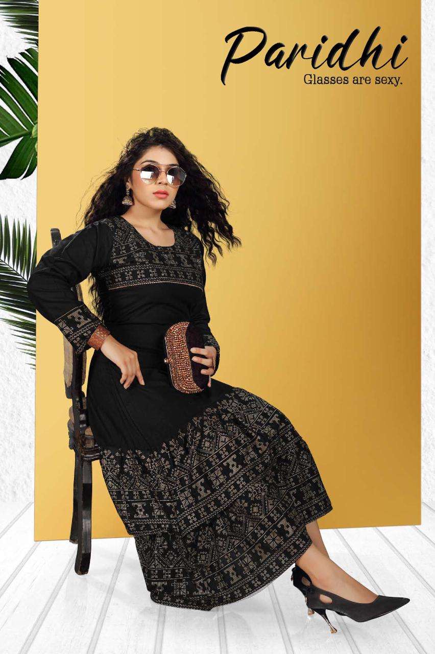 RIYAA PARIDHI HEAVY RAYON FROCK STYLE FOIL PRINT KURTI CATALOG WHOLESALER BEST RATE