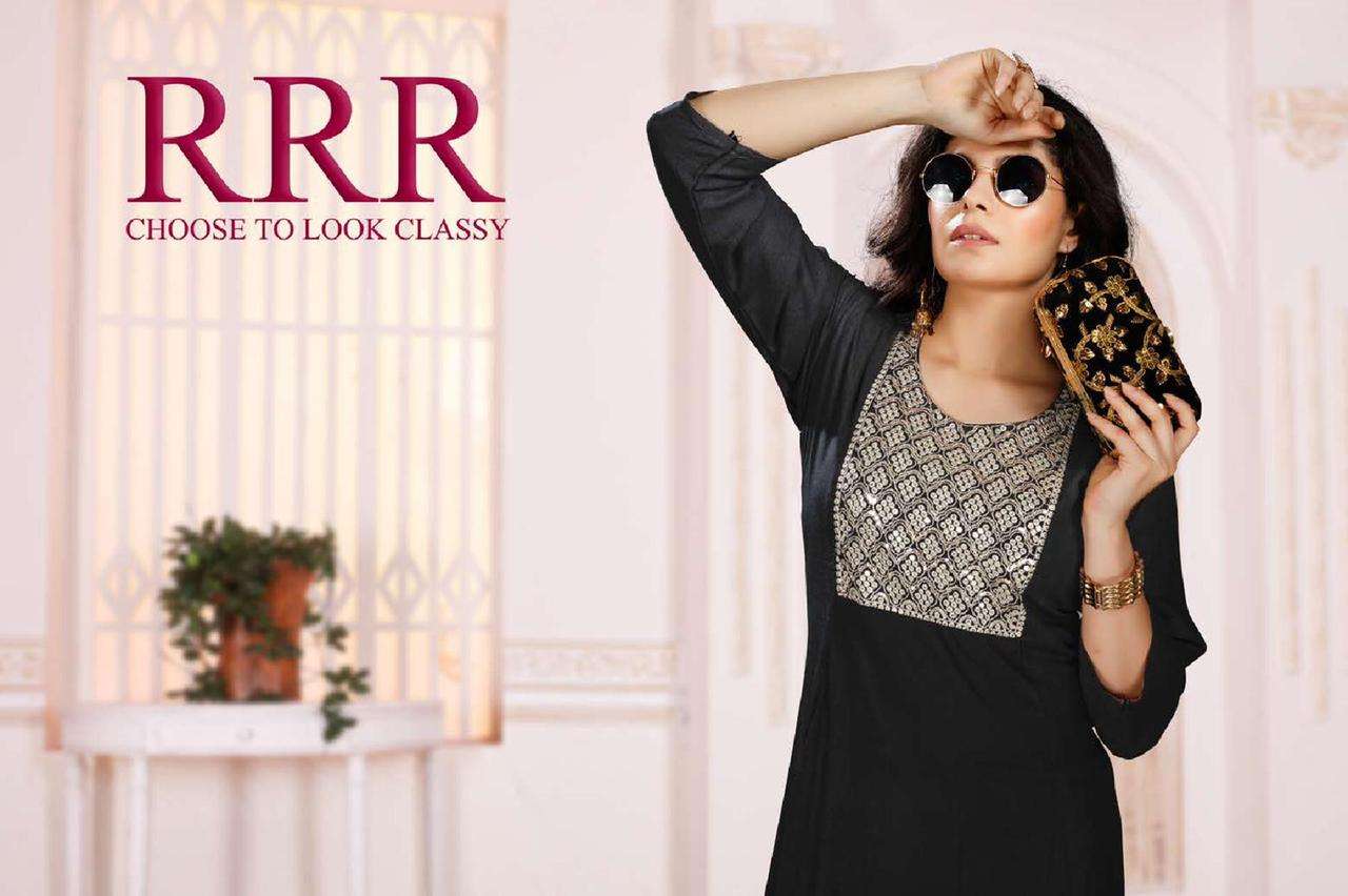 RRR HEAVY WRINKLE PLAN RAYON FROCK STYLE SEQUENCE JARI WORK KURTI CATALOG WHOLESALER BEST RATE