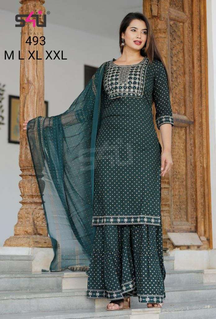 s4u 493 design party wear combo set of kurti with sharara and dupatta 