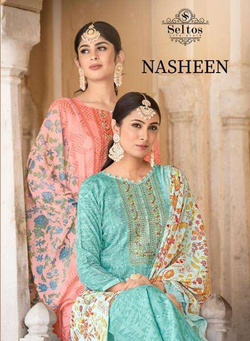 seltos nasheen rayon print ladies suits 