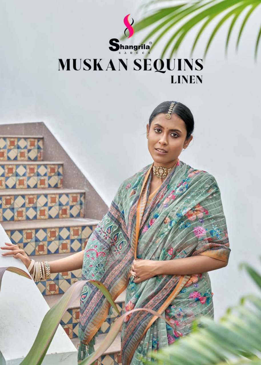 shangrila muskan sequins linen printed sarees