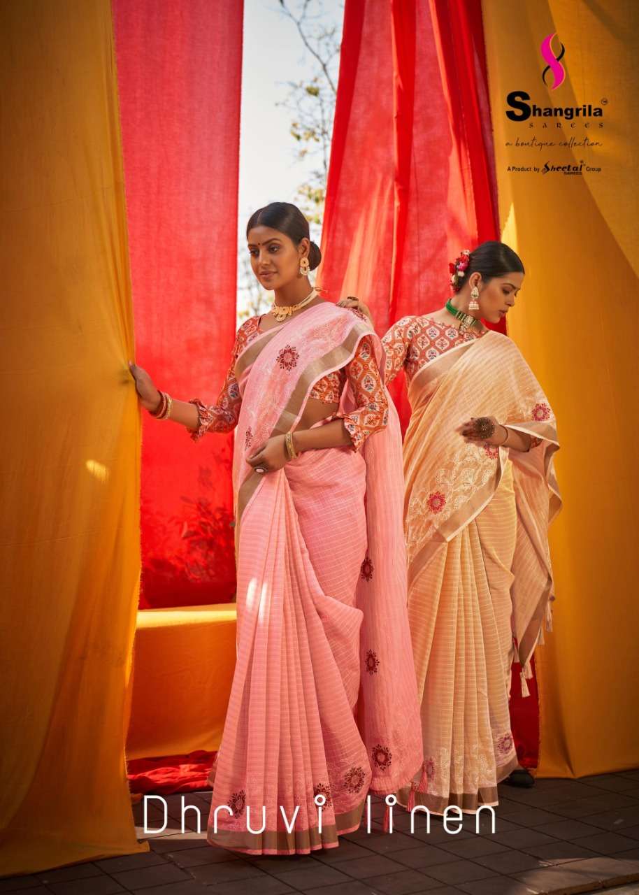 shangrila presents pure weaving copper zari weaving with emroidery dhruvi linen sarees at krishna creation surat