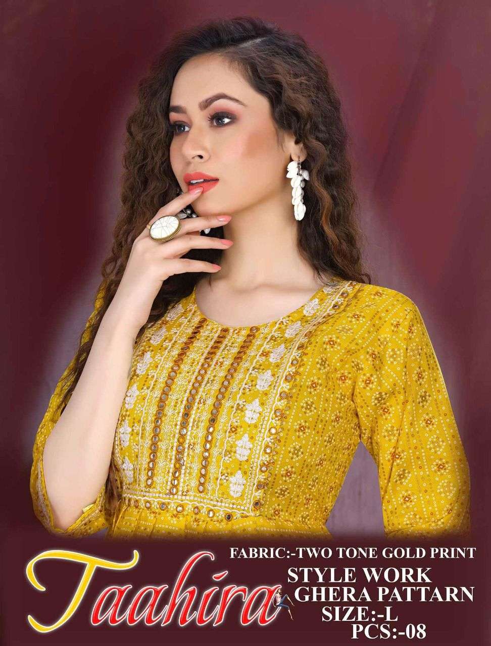 TAAHIRA HEAVY RAYON TWO TONE GOLD PRINT WORK PATTERN GHERA STYLE KURTI CATALOG WHOLESALER BEST RATE