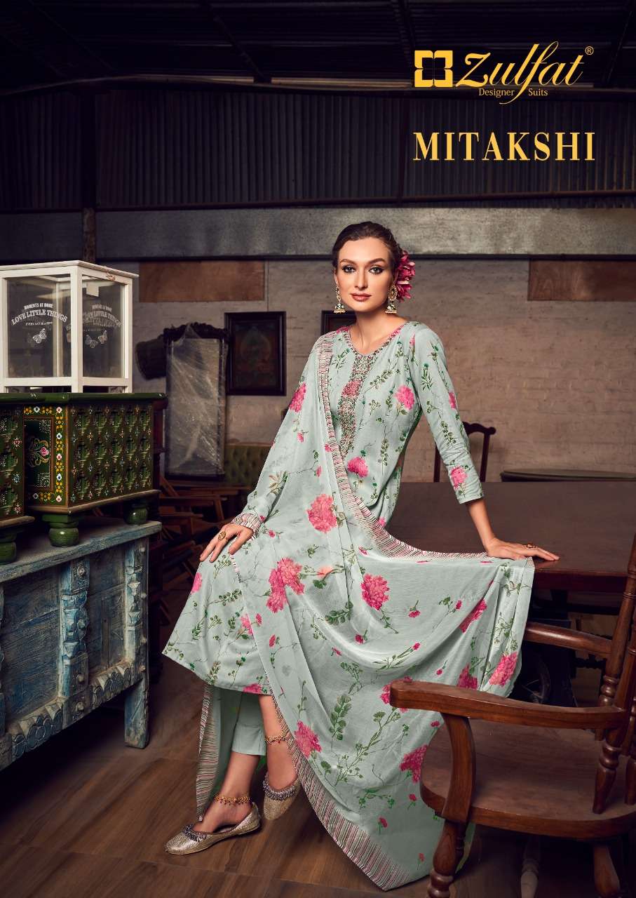 zulfat mitakshi cotton print with embroidery suits with 3 mtr bottom 