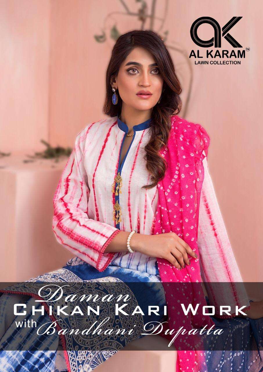 al karam daman chikan kari work with bandhani dupatta suits 