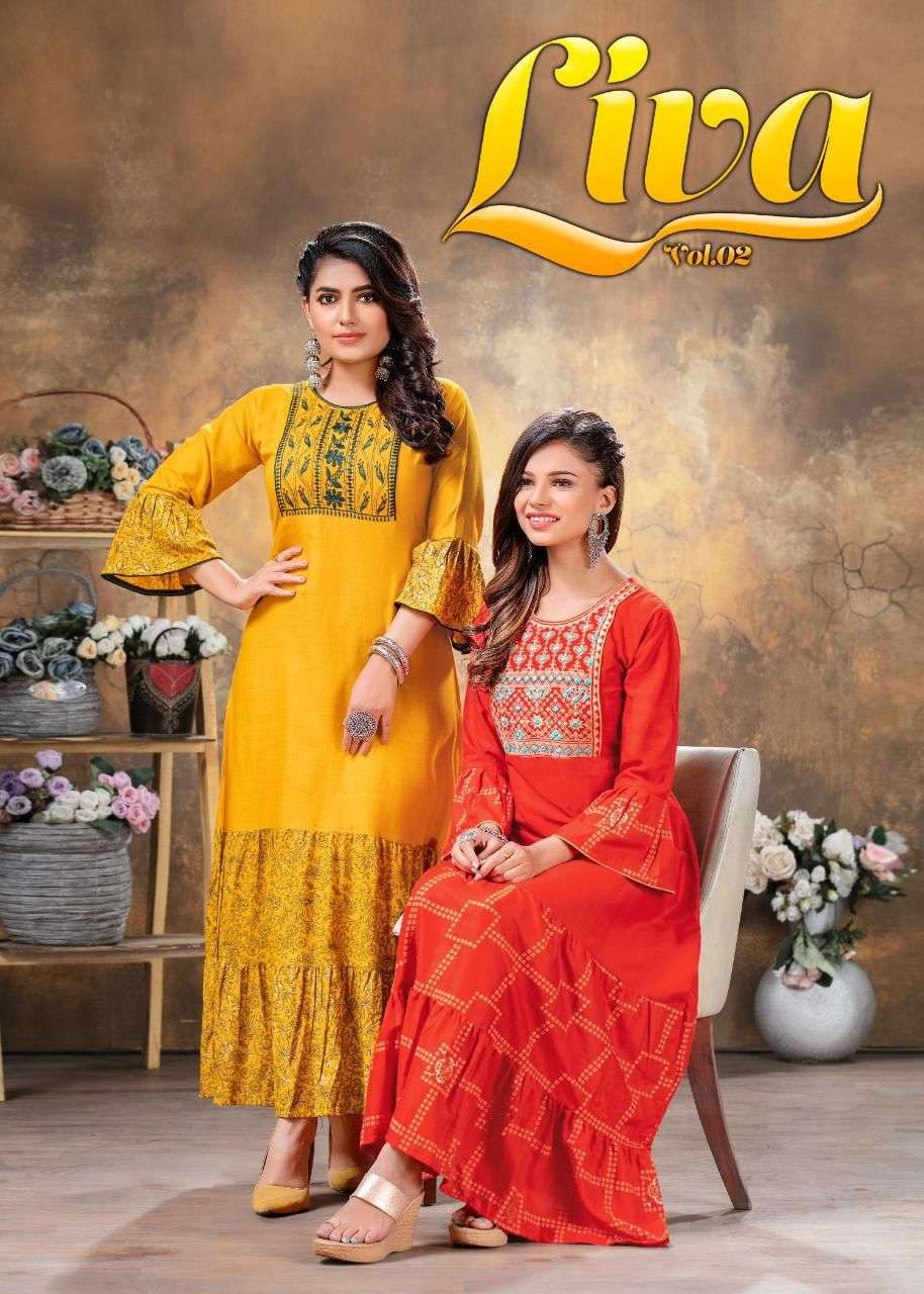 FASHION TALK LIVA 2 HEAVY RAYON SULB WITH PRINT Embroidery work with long ghera KURTI CATALOG WHOLESALER BEST RATE