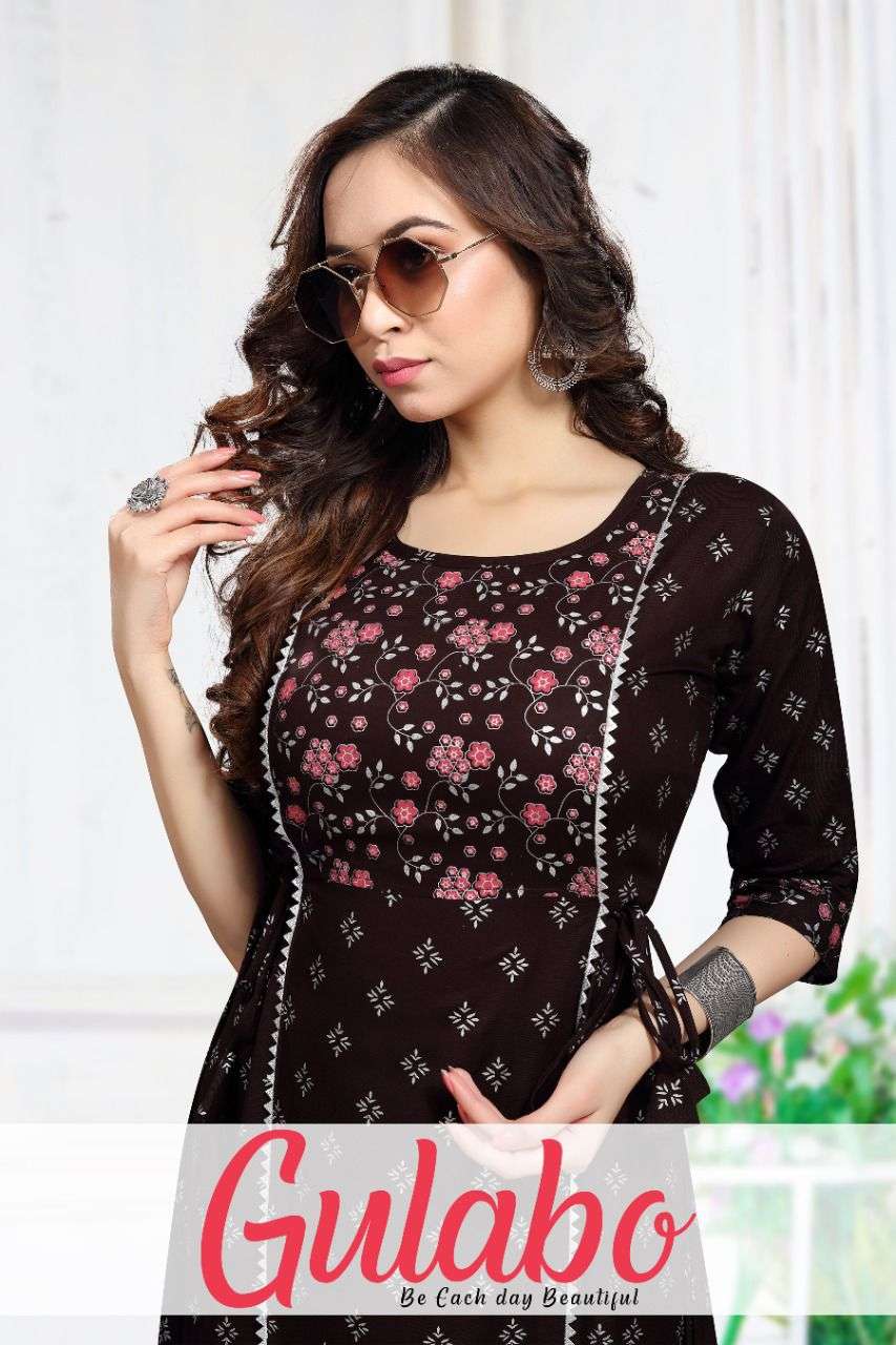 Golden Gulabo RAYON Foil print frock style KURTI CATLOG WHOLESALER BEST RATE