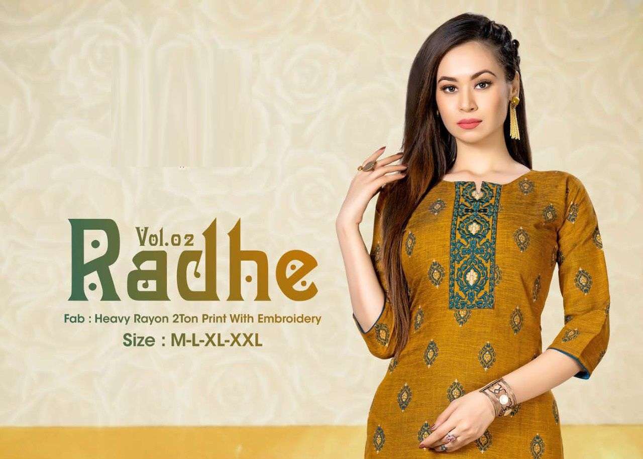 NEW RADHE VOL-2 HEAVY RAYON TWOTON PRINT WITH EMBROIDERY KURTI CATALOH WHOLESALER BEST RATE