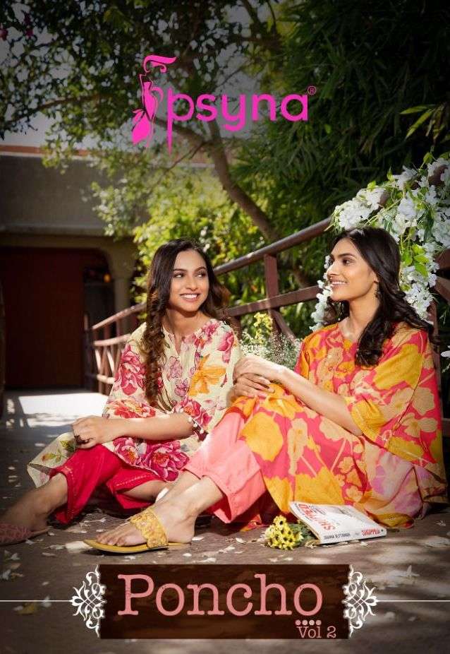poncho vol 2 by psyna muslin printed stylish kaftan with santoon pant collection