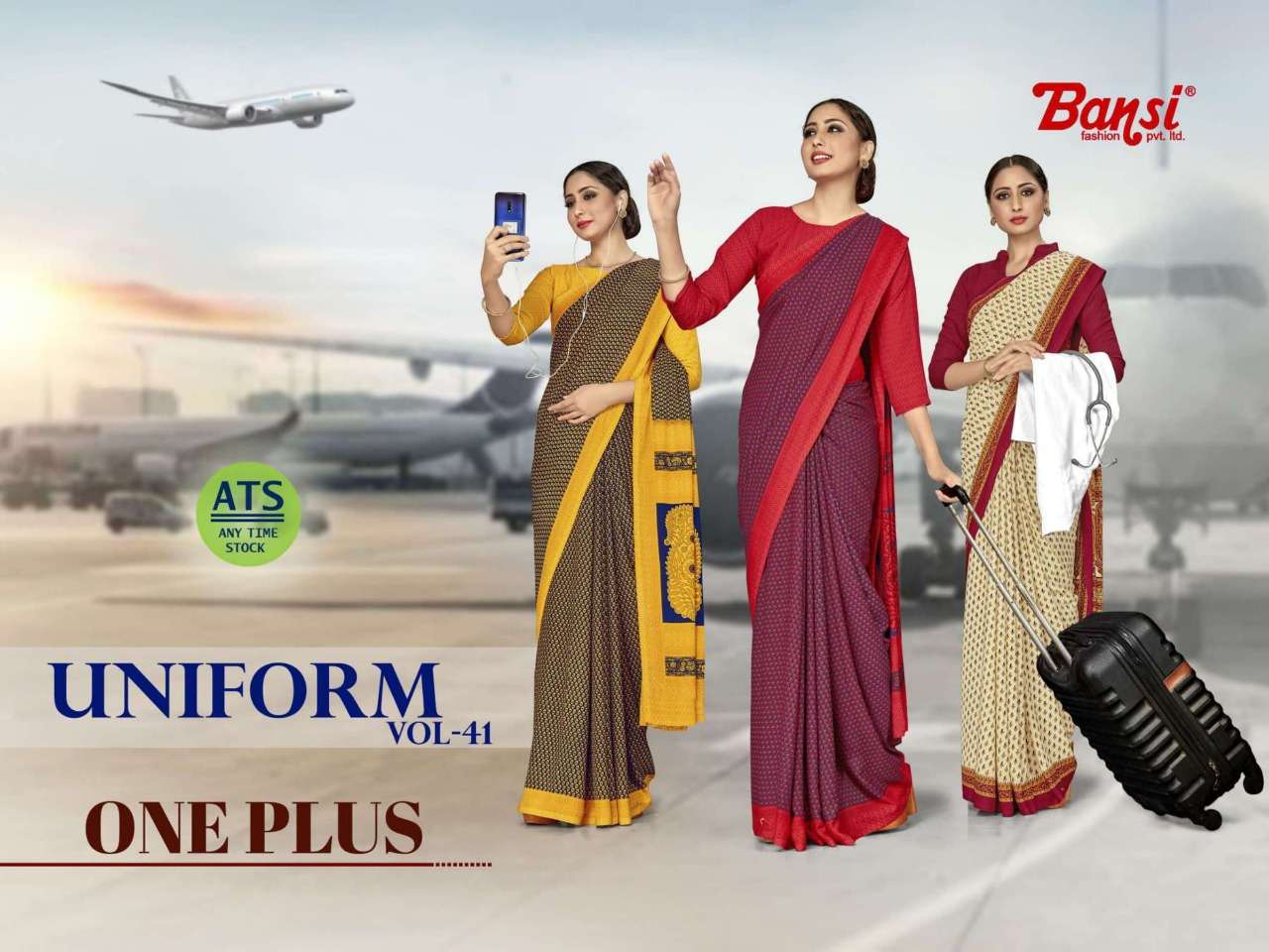 bansi uniform vol 41 one plus butter crepe air hostess uniform sarees collection