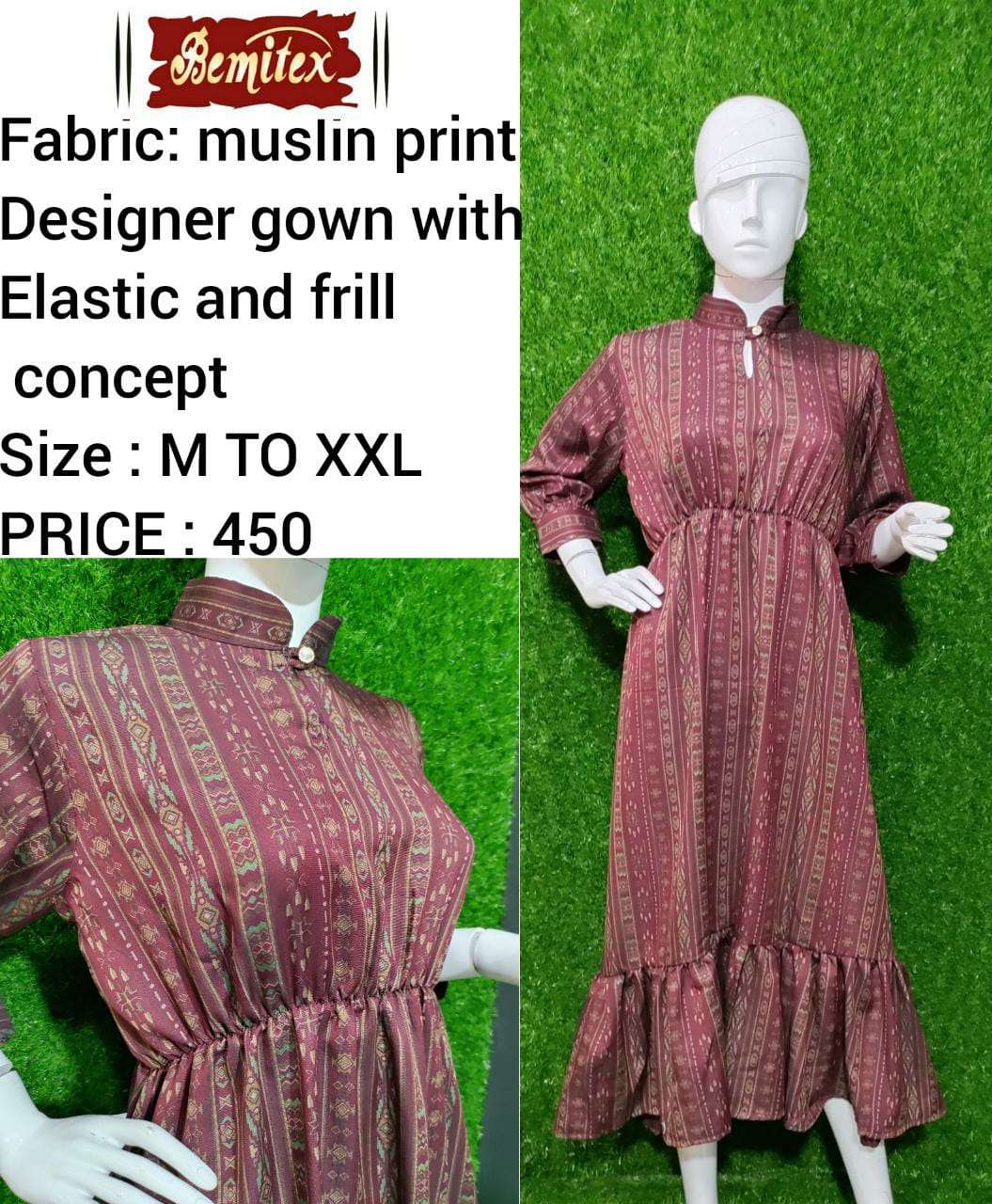 bemitex pr cotton print gown kurti with elastic and frill combo set 