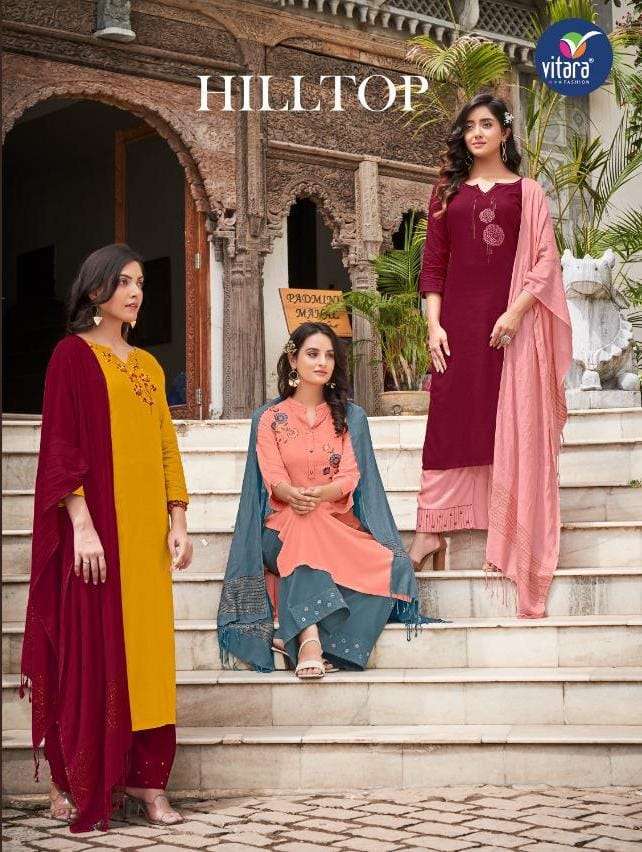 hilltop by vitara rayon work top with plazzo & dupatta readymade
