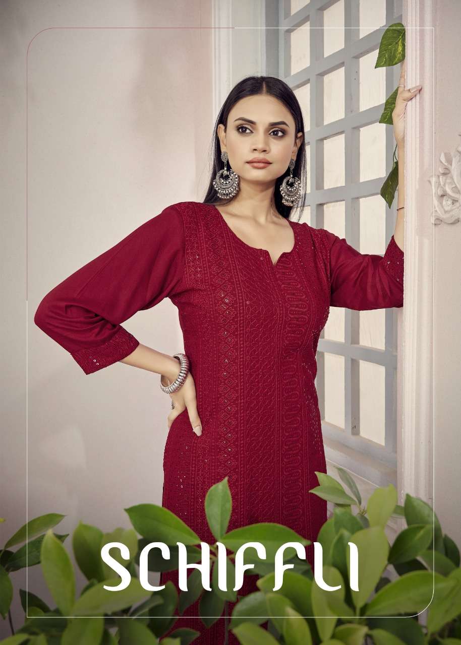 k4u schiffli rayon sequence work kurti with pant collection in surat