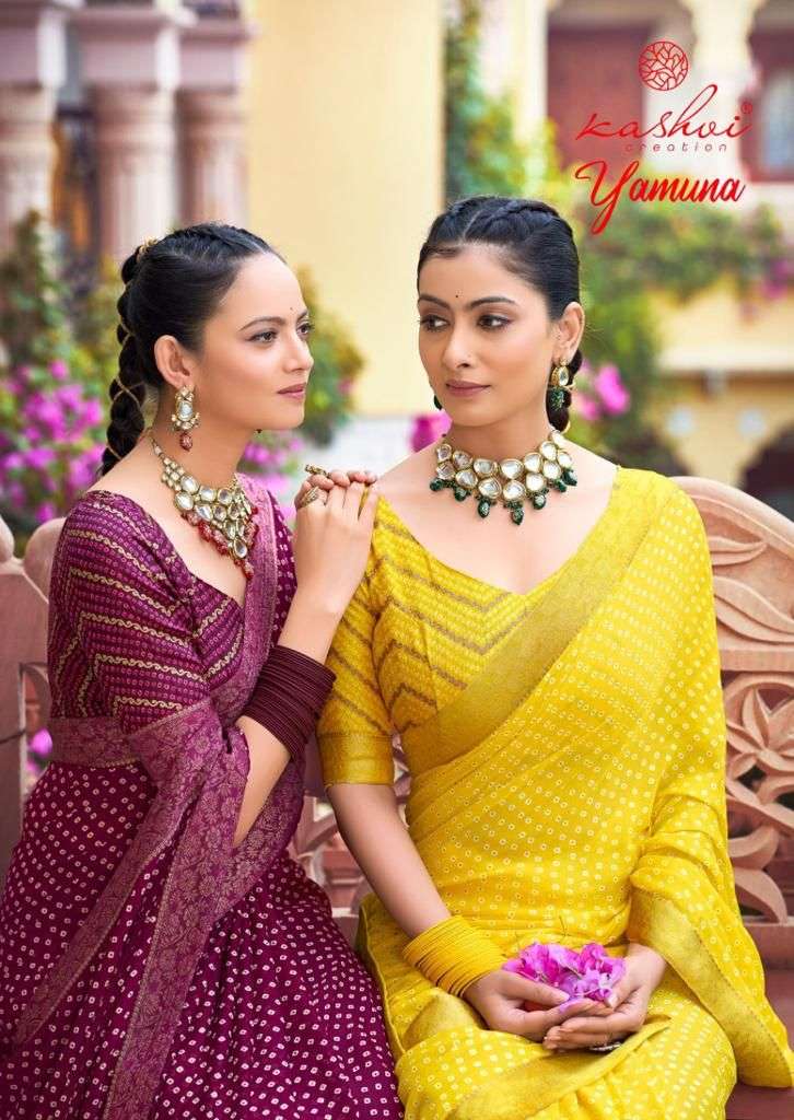kashvi creation yamuna bandhej moss foil printed designer sarees