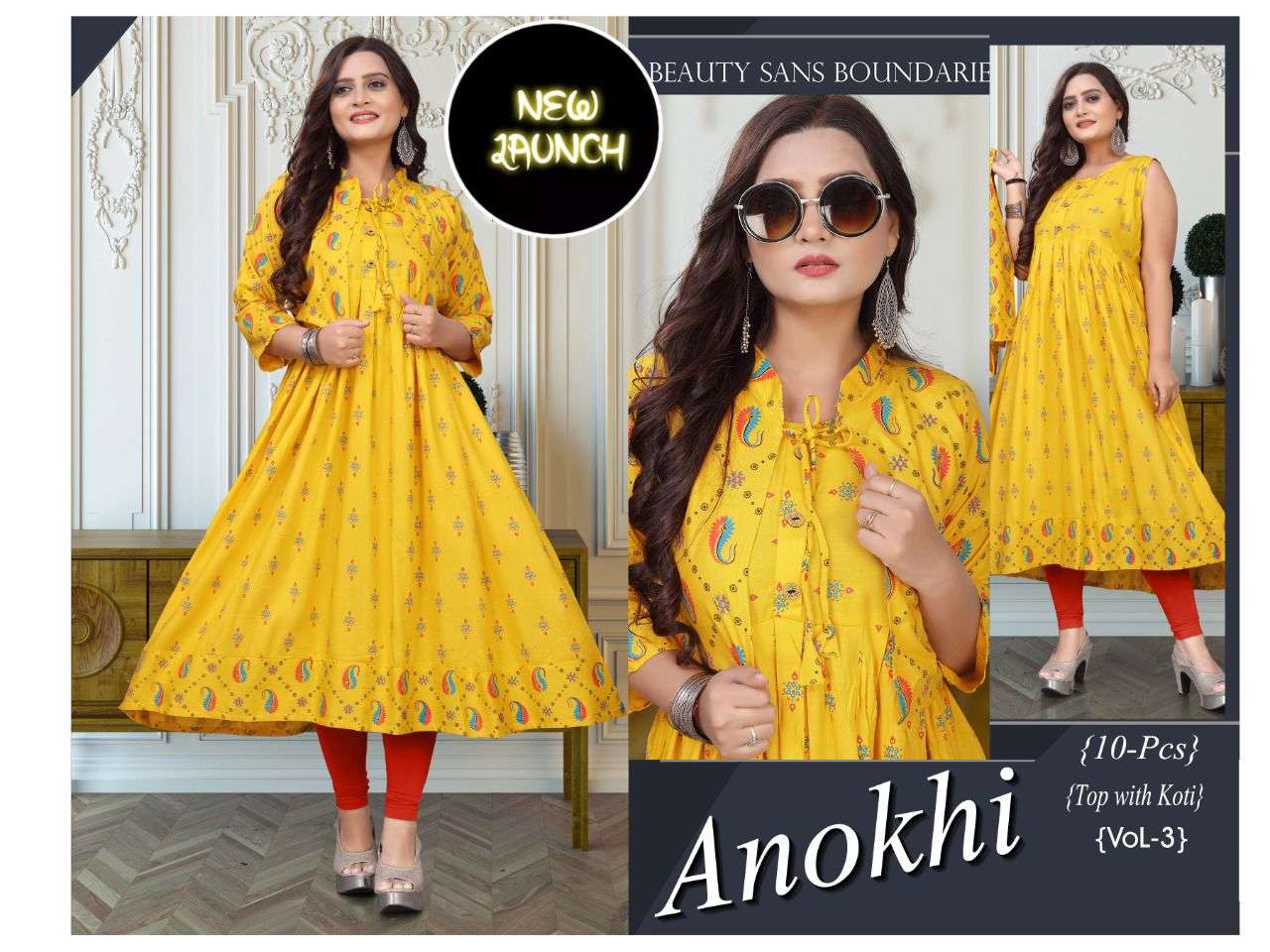 NEW ANOKHI VOL.3 Rayon 14 Kg Gold Foil Kurti with Jacket kurti catalog wholesaler best rate