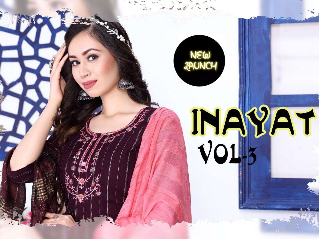NEW INAYAT VOL- 3 Riyon Dobby  heavy top Embrodery work + Cottan pant  embroidery work + fancy dupatta sillai pattern READYMADE SUIT CATALOG WHOLESALER BEST RATE