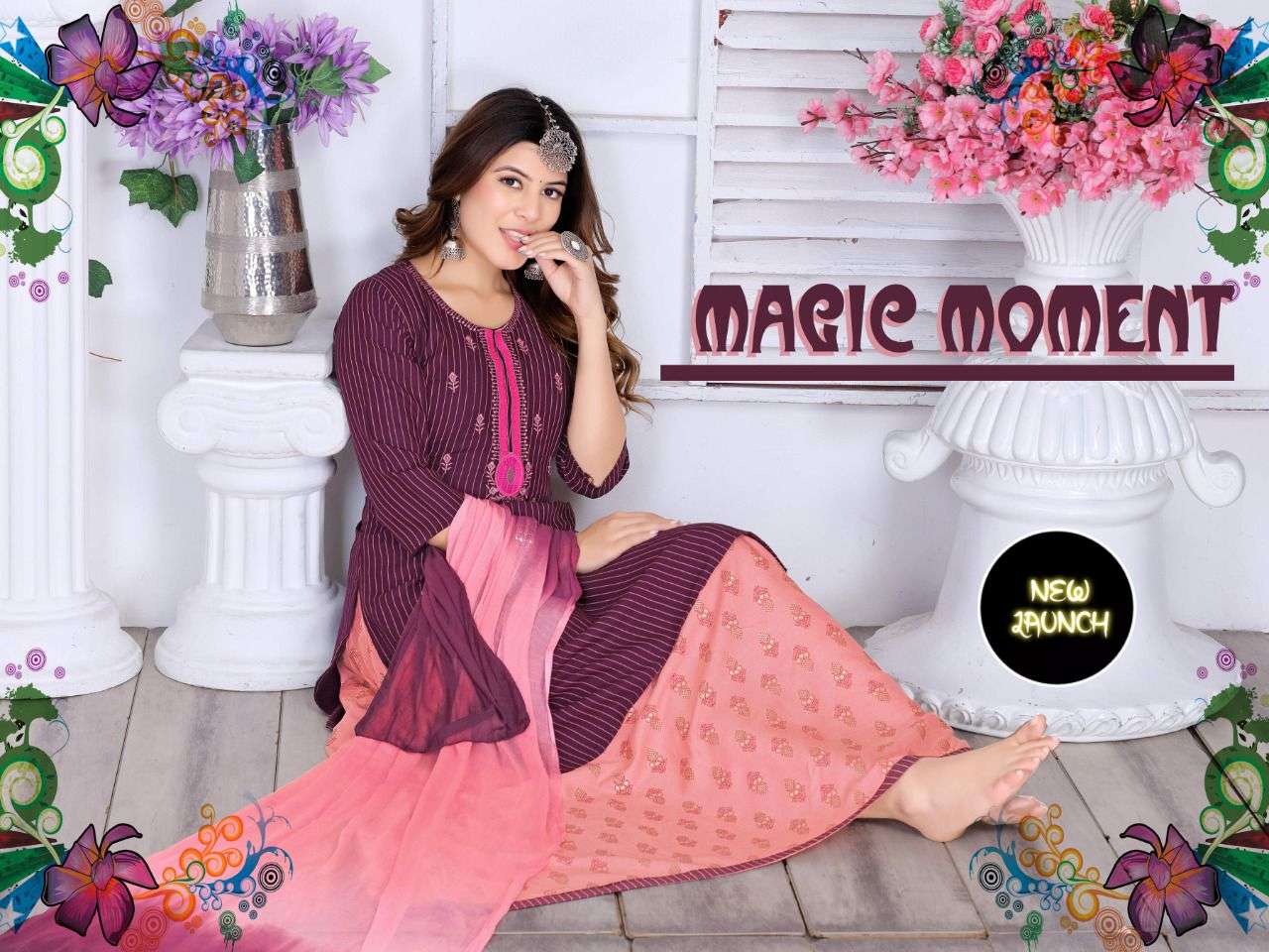 NEW MAGIC MOMENT Riyon 14 kg   Screen print top heavy  Embrodery work with Riyon screen print skirt with nazmin  dupatta sillai pattern  READYMADE SUIT CATALOG WHOLESALER BEST RATE