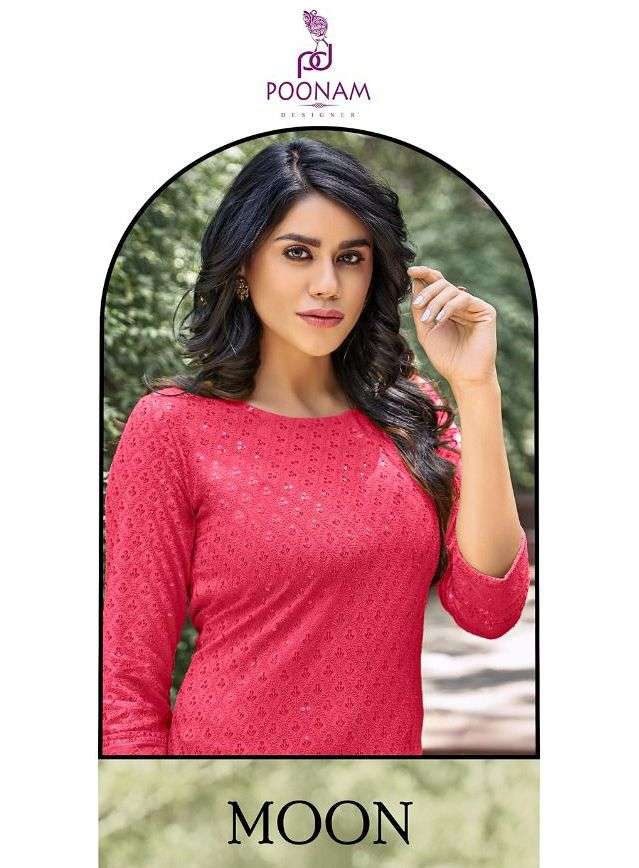 poonam designer moon pure rayon schiffli chickan work kurti 