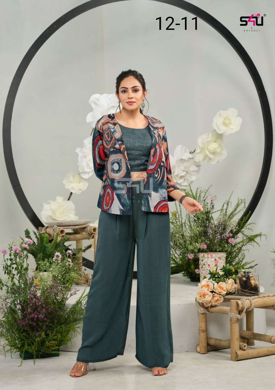 s4u prg 11 design 3pcs jacket top with plazzo pattern for festivals 