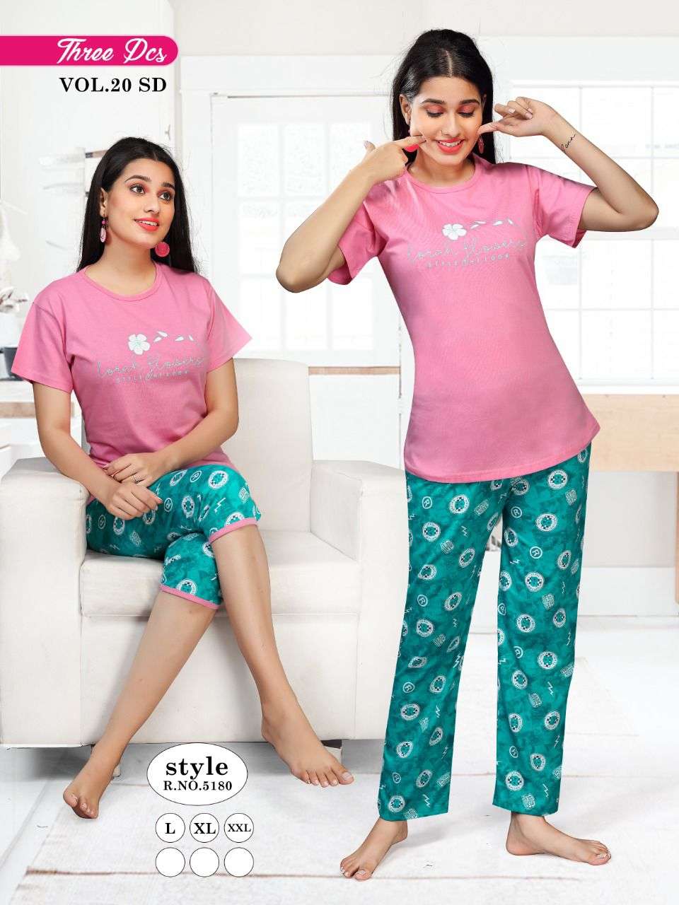 SUMER SPECIAL THREE PCS VOL.20 SD Heavy Shinker Hosiery CottonNight Suits With Pocket (1 top , 1 capri & 1 full pant) CATALOG WHOLESALER BEST RATE