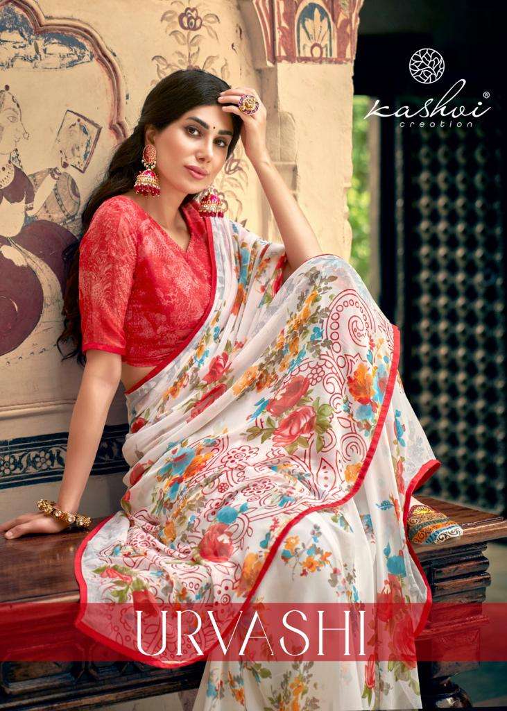 urvashi by kashvi weightless printed white special fancy saree