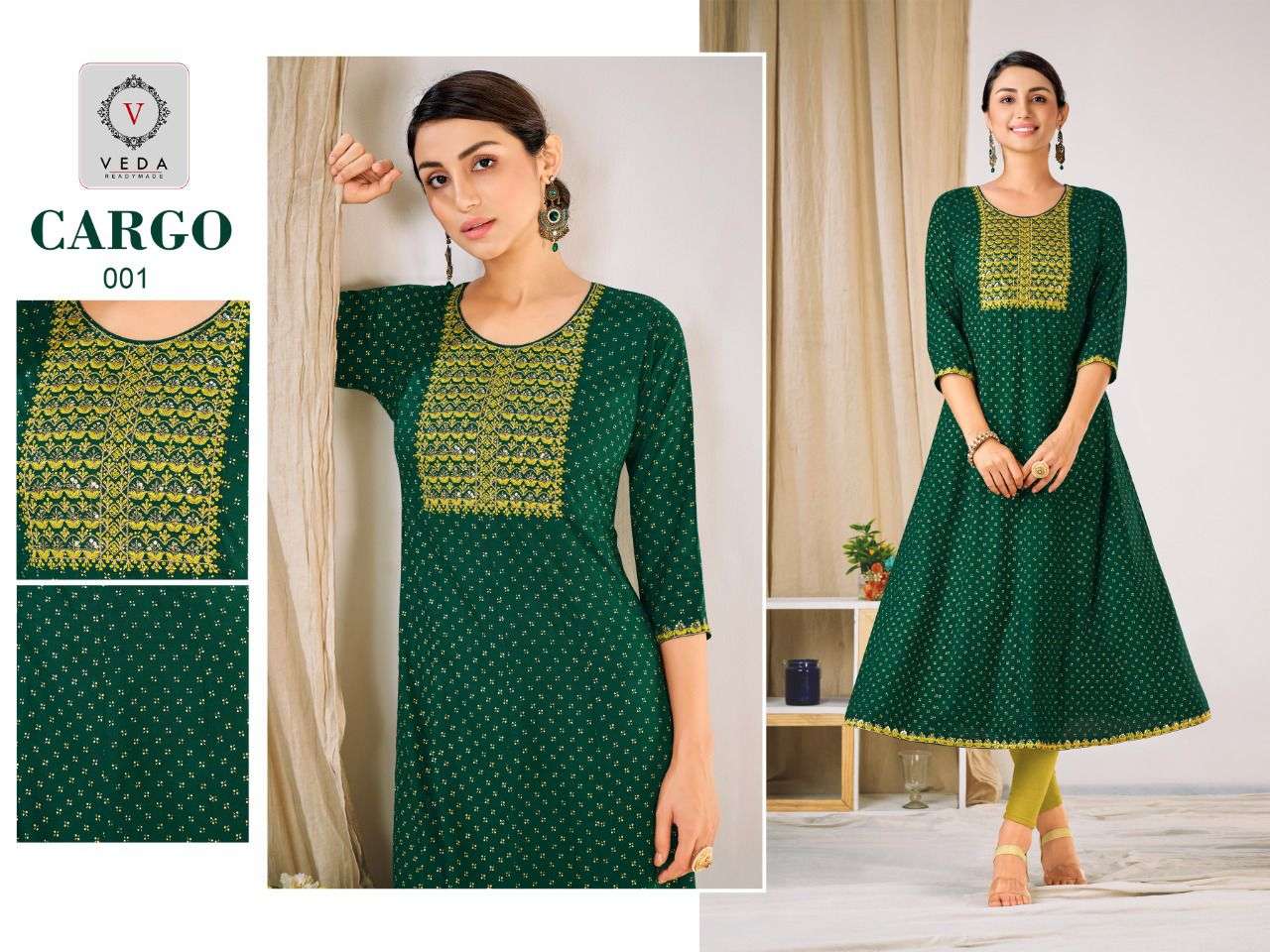 veda cargo by artio top kali foil gold print with neck embroidery combo set 