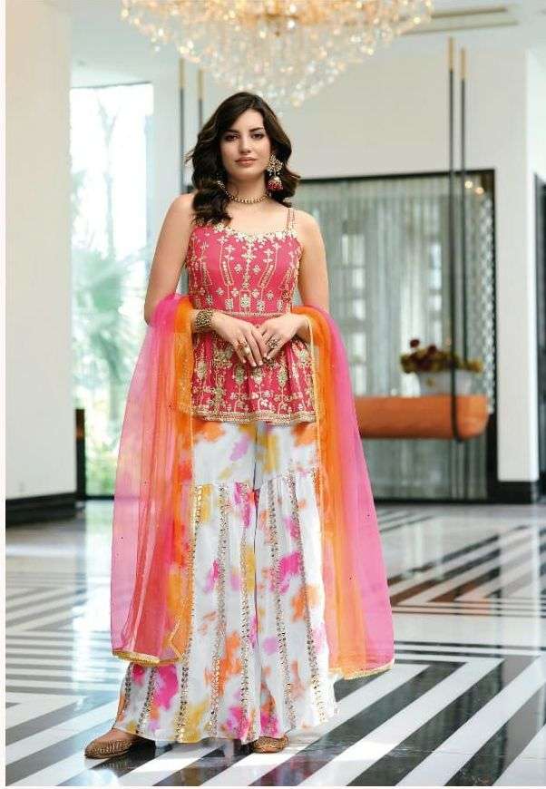 zaveri floral 1060 colour readymade top with plazzo and dupatta 