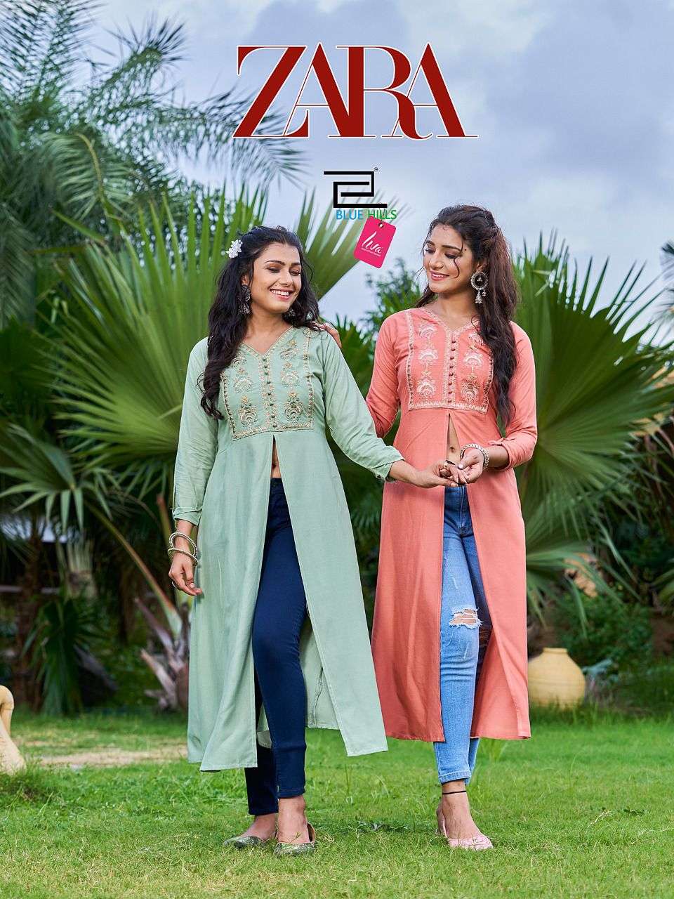 blue hills zara rayon liva kurti with center cut embroidery collection 