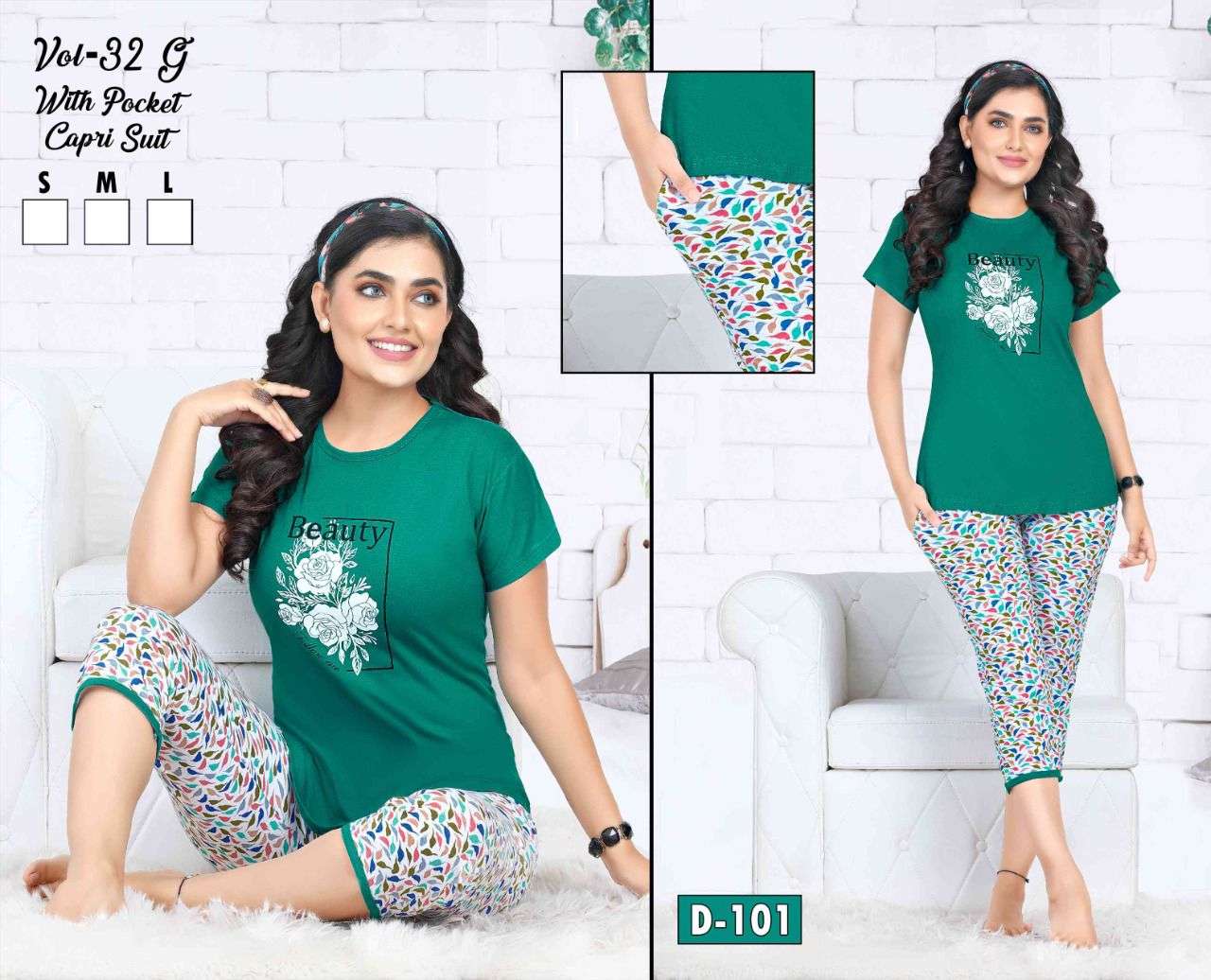 FASHION TALK CAPRI VOL.32 G Heavy Shinker Hosiery Cotton Night Suits With Pocket Capri CATALOG WHOLESALER BEST ARTE