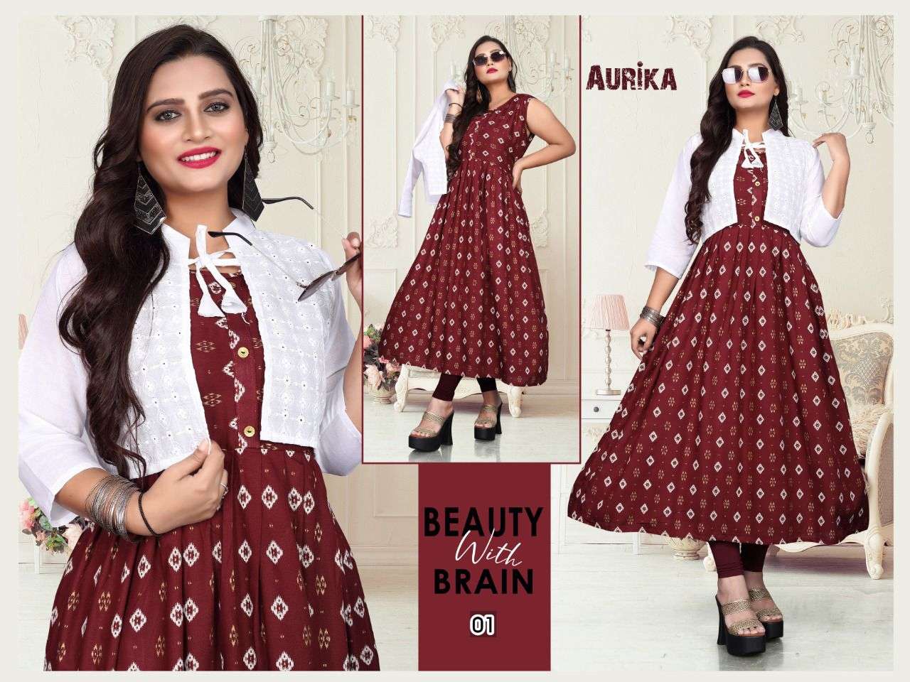 GOLDEN AURIKA Heavy Rayon Gold Foil Print & Spearate Jacket KURTI CATALOG WHOLESALER BEST RATE