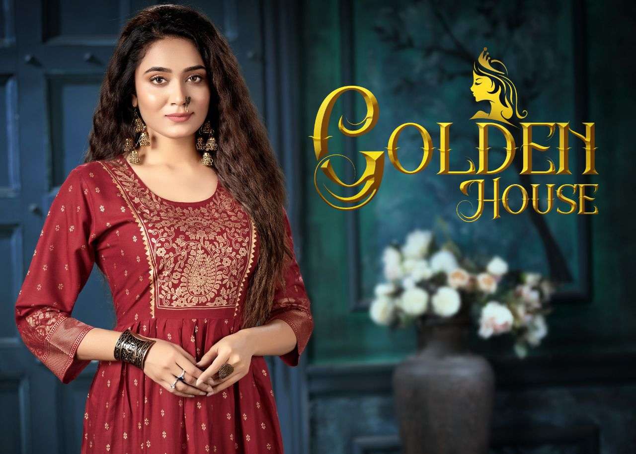 GOLDEN HOUSE HEAVY RAYON 14 KG GOLD FOIL PRINT LONG GOWN WITH FLAIR KURTI CATLOG WHOLESALER BEST RATE